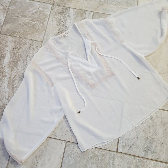 Rachel Roy ; White Blouse Top with Pink Details and Tie Neck Collar - Picture 3 of 6